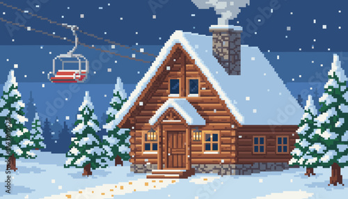Pixel art wooden log cabin with a smoking chimney is nestled in a snowy forest during a winter night, with a ski lift visible under falling snow