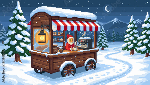 Charming pixel art wooden coffee cart with a striped awning and glowing lantern stands in a snowy winter forest at night, with a vendor serving a warm beverage