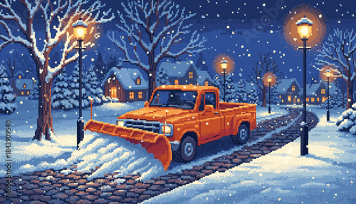 Orange pixel art snowplow truck clears a cobblestone road in a cozy, snowy village at night under the warm glow of street lamps during a gentle snowfall