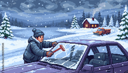 Person in a winter jacket scraping ice and snow from a car windshield in a snowy landscape with a cabin and snowplow, rendered in a charming pixel art style