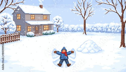 Joyful child wearing a blue jacket and red scarf makes a snow angel on a snowy lawn in front of a cozy house in a retro pixel art style