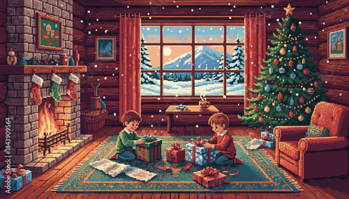 Two young children happily unwrapping Christmas presents on the floor of a cozy log cabin living room with a warm fireplace and a decorated tree in a charming retro pixel art style