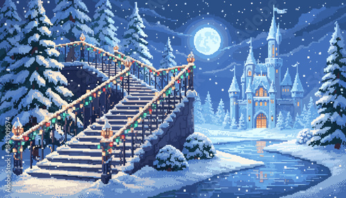 Snow-covered stone staircase with festive lights leads to a magical fairytale castle in a serene winter forest during a snowy night with a full moon, in a charming pixel art style