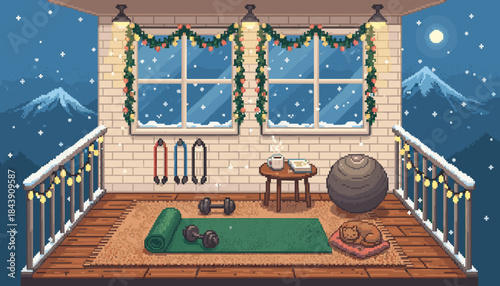 Cozy pixel art home gym on a balcony features fitness equipment, a sleeping cat, and festive decorations on a serene snowy winter night with mountains in the distance