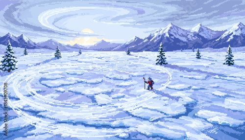Vast pixel art winter scene features a solitary adventurer traversing a frozen, snowy expanse with majestic mountains and evergreen trees under a dramatic, swirling sky