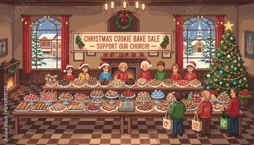 Charming pixel art illustration of a festive Christmas cookie bake sale where people buy sweets at a community fundraiser in a cozy, decorated hall with a fireplace