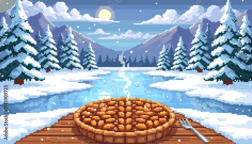 Warm steaming nut pie with a golden lattice crust sits on a wooden dock overlooking a frozen river and snowy forest in a serene, nostalgic 8-bit pixel art illustration