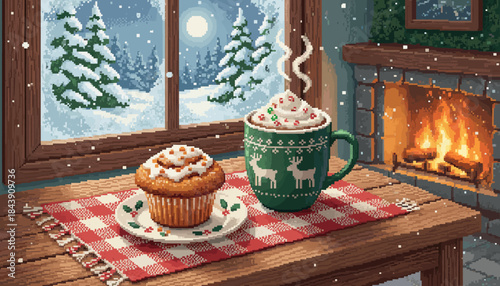 Steaming green mug of hot chocolate and a sweet muffin rest on a wooden table by a warm fireplace in a cozy pixel art illustration of a winter evening