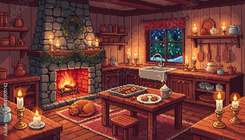 Cozy pixel art kitchen interior is decorated for the holidays with a warm fire, candlelight, and a cat sleeping by the hearth on a snowy winter night