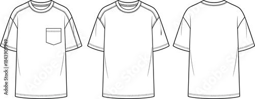 Short sleeve t-shirt technical sketch, front back view tee, chest pocket design, apparel template for fashion, flat vector illustration