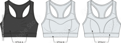 Sports bra technical sketch, style comparison front view, racerback design with seam variations, fashion garment template, flat vector illustration