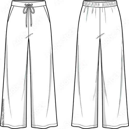 Wide-leg pants technical sketch, drawstring and elastic waistband comparison, side pocket design, fashion garment template, flat vector illustration