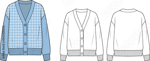 Cardigan sweater fashion sketch, houndstooth pattern, ribbed hem and cuffs, button placket, front and back view, flat vector illustration