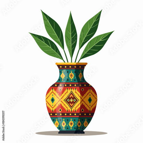 African patterned vase with fresh green leaves in modern design  