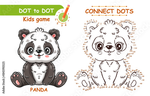 Cute baby panda bear, connect dots number children education puzzle game. Funny Chinese wild animal character. Draw picture join dotted line. Coloring book page. Kid logical learning worksheet. Vector