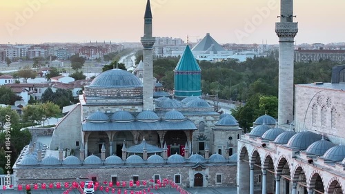 Aerial view of the Mevlana Museum and Sultan Selim Mosque in Konya city center. 