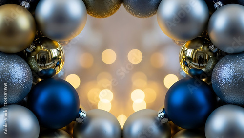 Festive Christmas Ornament Arrangement with Blue, Silver, and Gold Baubles and Warm Bokeh Lights Close-Up Holiday Decoration