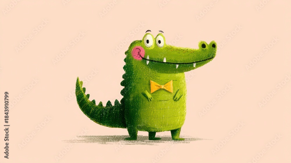 Fototapeta premium Cute Green Cartoon Alligator Standing Alone White Background Vector Illustration Character