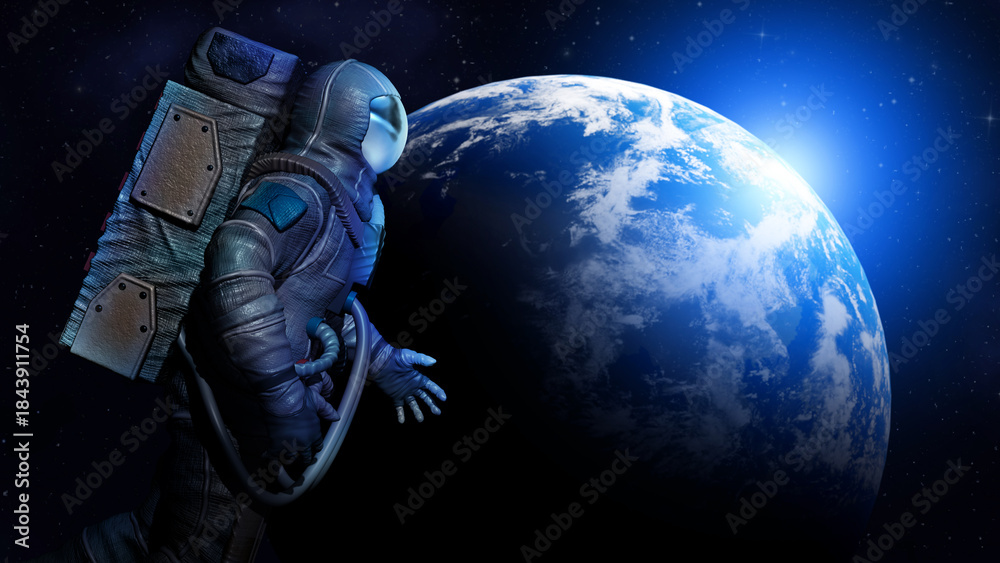 Obraz premium Astronaut wearing special suit and celestial body in space. Banner design