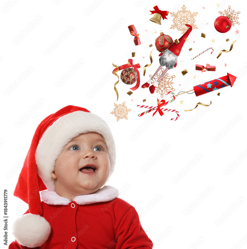 © New Africa - Cute little baby in Santa costume looking at flying festive stuff on white background. Christmas celebration © New Africa - Cute little baby in Santa costume looking at flying festive stuff on white background. Christmas celebration