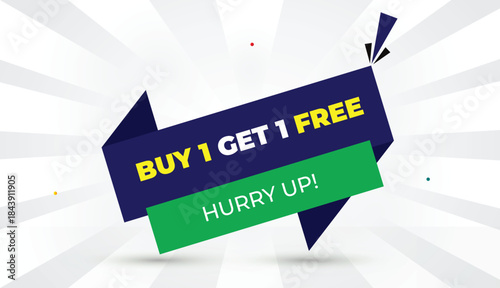 buy 1 get 1 free hurry up editable eps format web banner vector art illustration template design deep blue green shapes yellow bold font white gray gradient abstract sun shine business background 4k