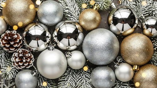 Close-up of Silver and Gold Christmas Ornaments with Pinecones on Festive Background, Holiday Decoration, Top View, Seasonal Concept
