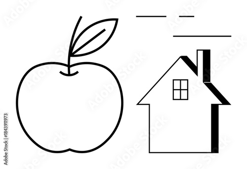 Education, home learning, minimalism, graphic design, symbols, visual aids. A simple line drawing features an apple and a house. Education and home learning concept