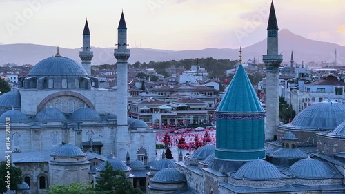 Aerial view of the Mevlana Museum and Sultan Selim Mosque in Konya city center. 