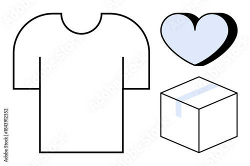 Fashion, online shopping, delivery, packaging, love, retail. Minimalist icons of a t-shirt, heart and box. Fashion and online shopping retail and consumer engagement visuals
