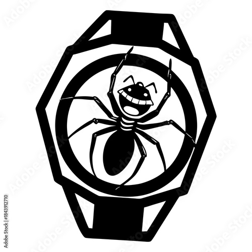 Funny cartoon spider silhouette inside a hexagonal watch face isolated on white background