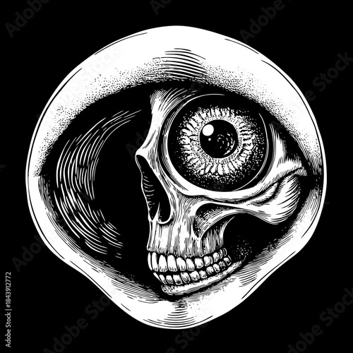 Detailed skull with a large eye in a circular frame silhouette isolated on white background