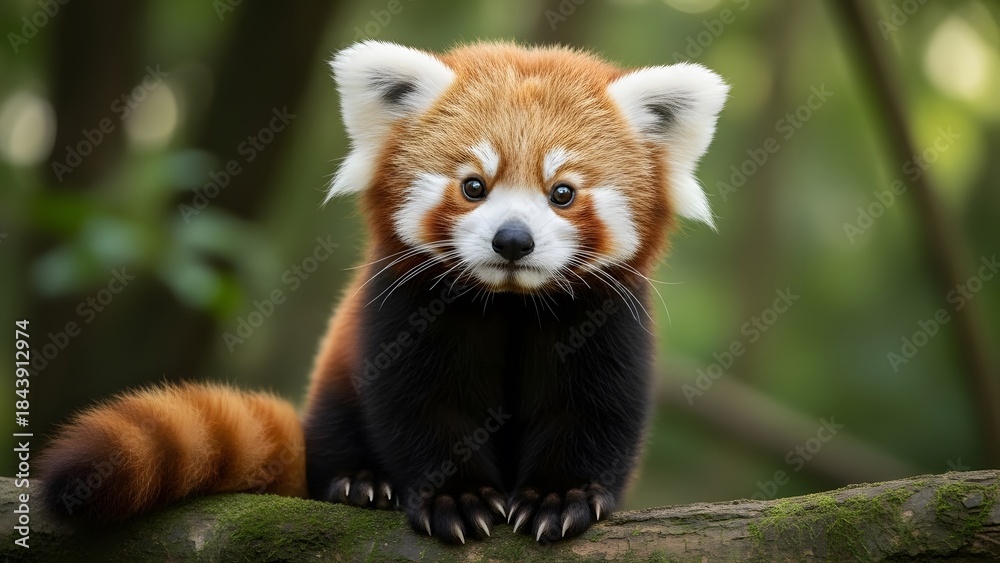 Fototapeta premium Adorable red panda with fluffy tail sits on a branch