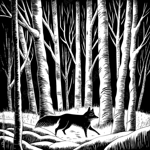 A lone fox walks through a snowy forest in a striking black and white silhouette isolated on white background