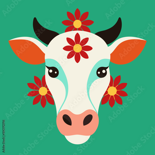 Stylized cow face with flowers and decorative markings silhouette isolated on white background