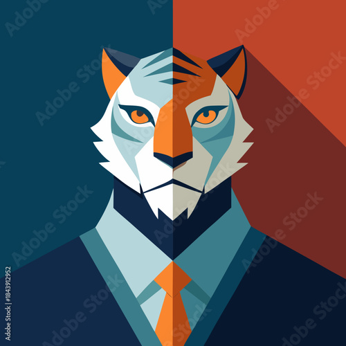 Stylized geometric tiger head wearing a suit silhouette isolated on white background
