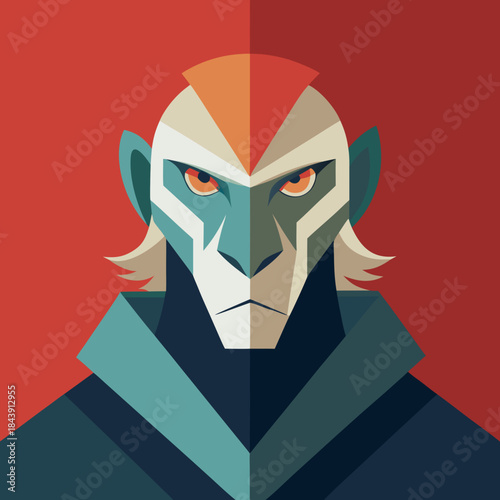 Stylized fierce creature face with orange eyes and red background silhouette isolated on white background