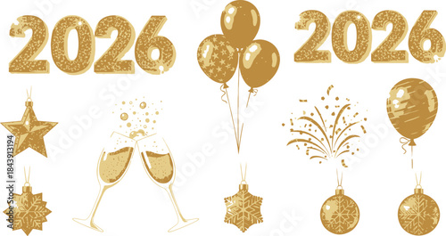 Golden New Year 2026 with champagne, balloons, stars, and ornaments