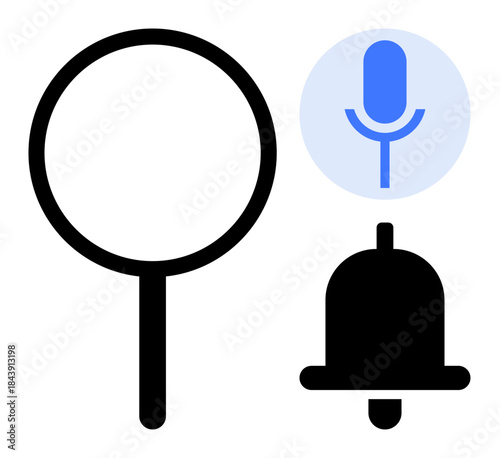 Search tools, voice recognition, notification systems, digital assistants, online alerts, user interface design. Magnifying glass, microphone and bell symbols. Search tools and voice recognition