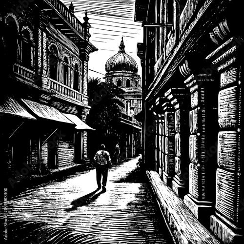 Man walking down a historic street towards a dome building silhouette isolated on white background