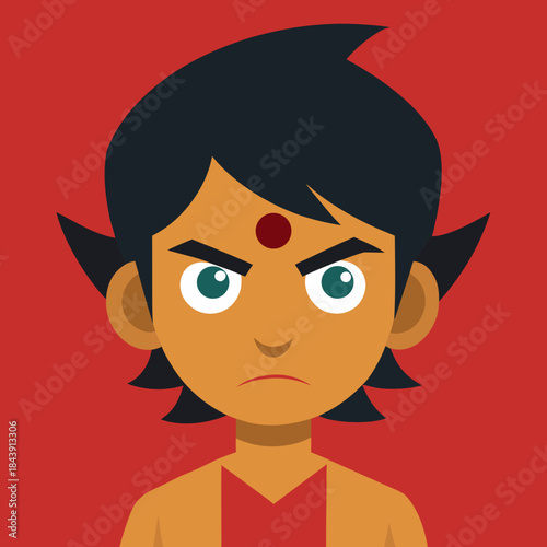 Cartoon character with dark hair and a red dot on forehead silhouette isolated on white background