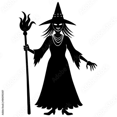 Mysterious witch with staff and pointed hat silhouette isolated on white background