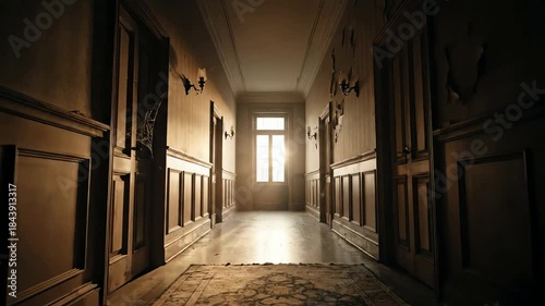 Creepy old hallway with flickering lights and a rug leading to a bright doorway