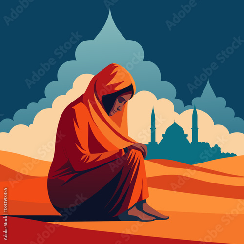 Sad woman in orange attire with desert landscape and mosque silhouette isolated on white background