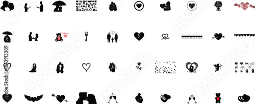 Assortment of romantic and wedding-themed black silhouette and Keywords: valentine, love, heart