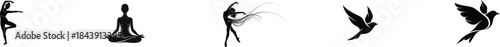 Black silhouette of a dancer a meditating figure and birds in flight