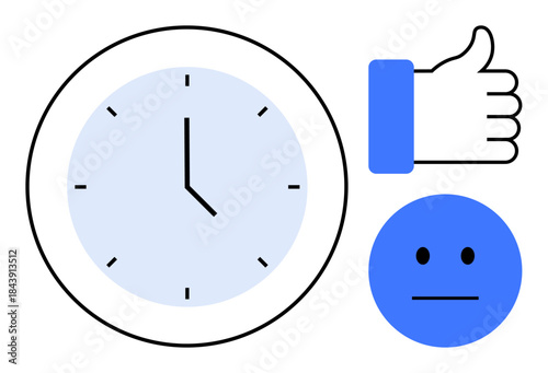 Time management concept. Clock and symbols thumbs up thumbs up and neutral face time, productivity, and emotion. Time for work, projects, deadlines, priorities, productivity