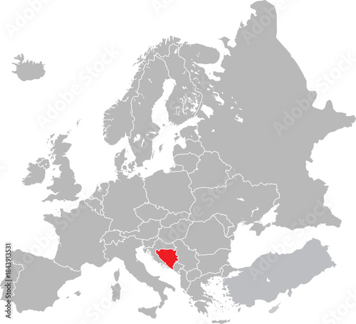 Map of Bosnia and Herzegovina on European Continent Vector.
