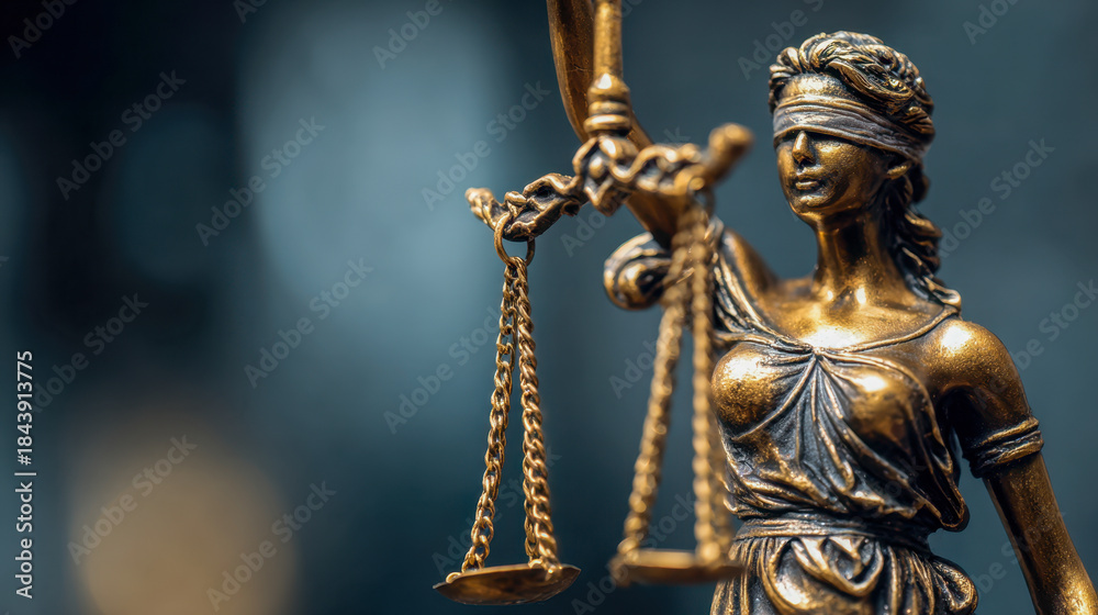 Fototapeta premium Bronze statue of Lady Justice blindfolded and holding scales symbolizing fairness and impartiality against a blurred blue background for legal concepts