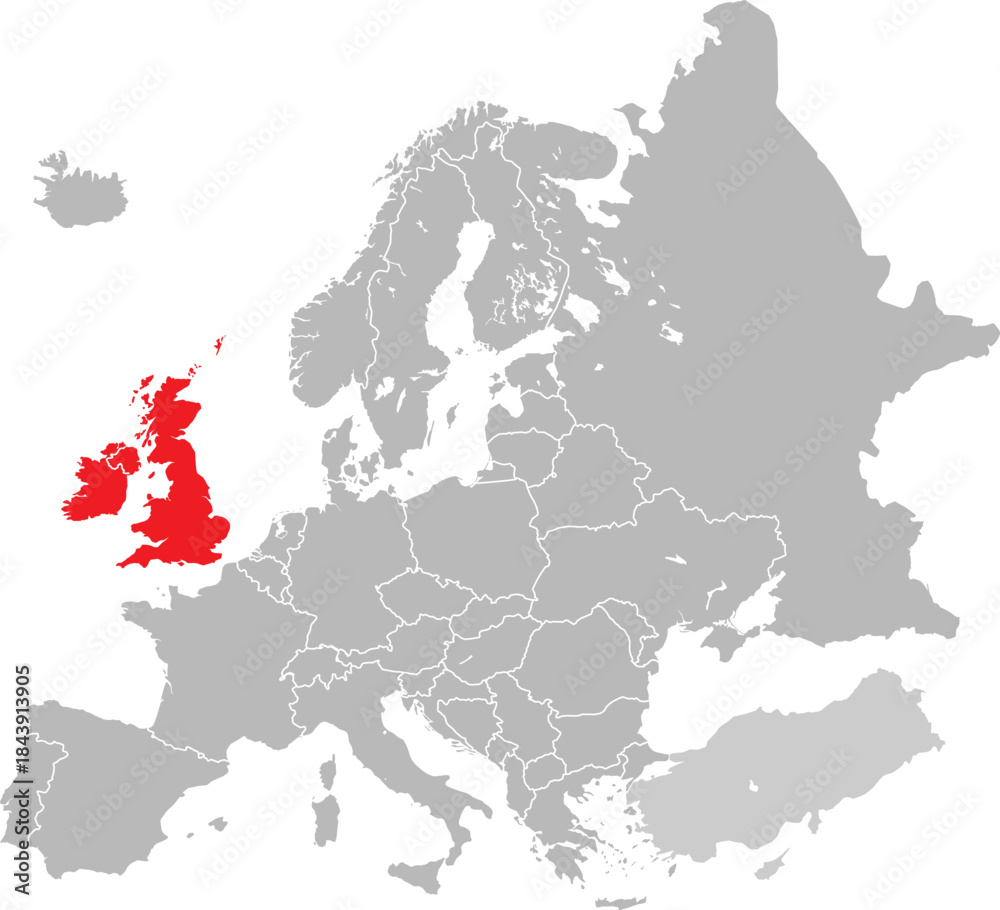 Fototapeta premium Map of British Isles on European Continent Editable Vector.