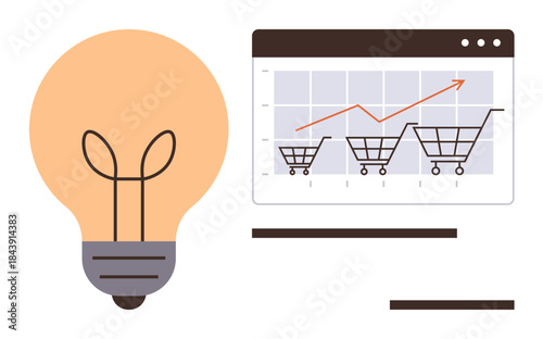Light bulb symbolizing innovation next to a rising sales graph with shopping carts. Ideal for e-commerce, business growth, innovation, digital marketing, analytics, retail, and creative strategy. A